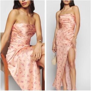 Strapless Pink Floral Satin Maxi Dress